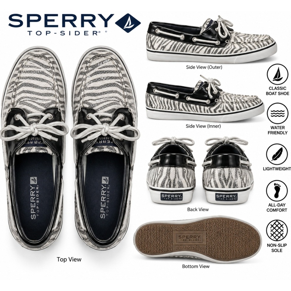 Sperry Womens Boat Shoe Size 10 Zebra Print Black White Sequins Canvas‎ Casual